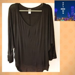 Plus SZ Women's Solid Black V-Neck Batwing Blouse
